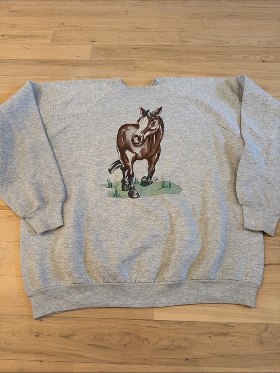 Fruit of the Loom Tops - Vintage-AOP Crewneck sweatshirt painted graphic-brown horse-Front Back-XL-Nature
